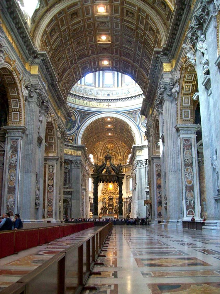 Middenschip Sint-Pieter, Rome Het gewelfde middenschip met zicht op de baldakijn in de Sint-Pieterskerk te Rome