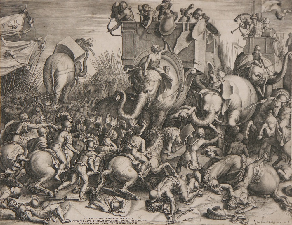 Slag bij Zama Tekening door Cornelis Cort uit 1567. De Slag bij Zama in 202 v. Chr. waar de Romeinen de Carthaagse Hannibal verslaan